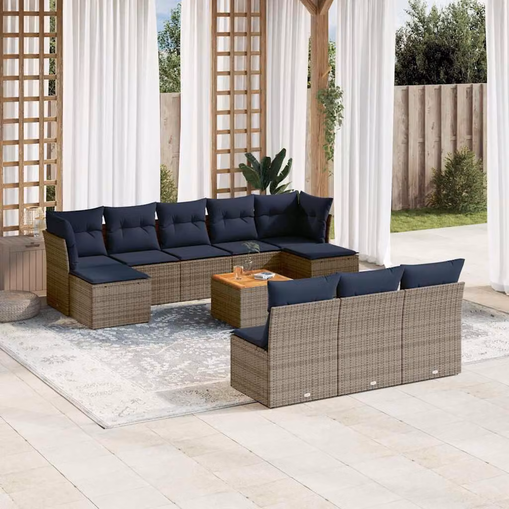 Set di divani da giardino vidaXL 11 pezzi in polyrattan con cuscini grigi e blu e struttura in legno di acacia oliato