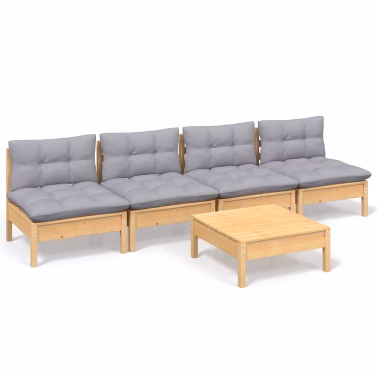 Set Divani da Giardino 5 pz con Cuscini Grigi Massello di Pino