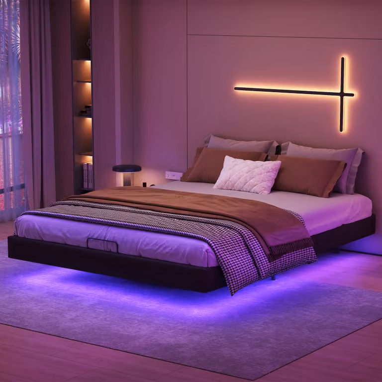 Letto imbottito 160x200cm, letto per ragazzi letto matrimoniale con rete a doghe e contenitore, letto contenitore con LED, lino, nero