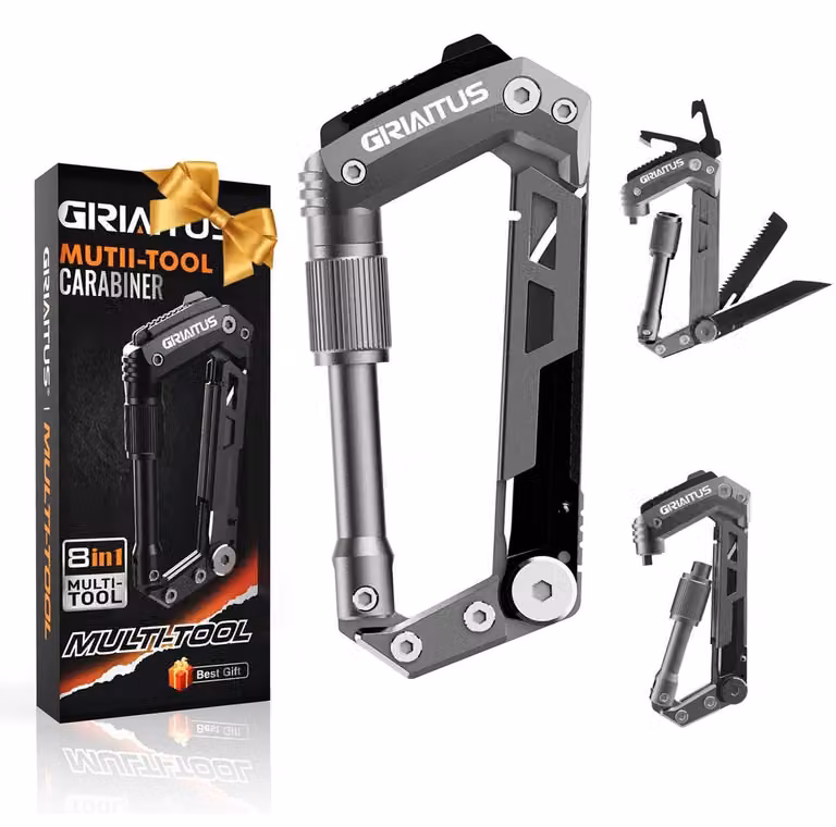 Multitool Karabiner 8-in-1 con coltello tascabile, acciaio inossidabile argentato, ideale per campeggio, attività all'aperto e situazioni di emergenza, perfetto come regalo