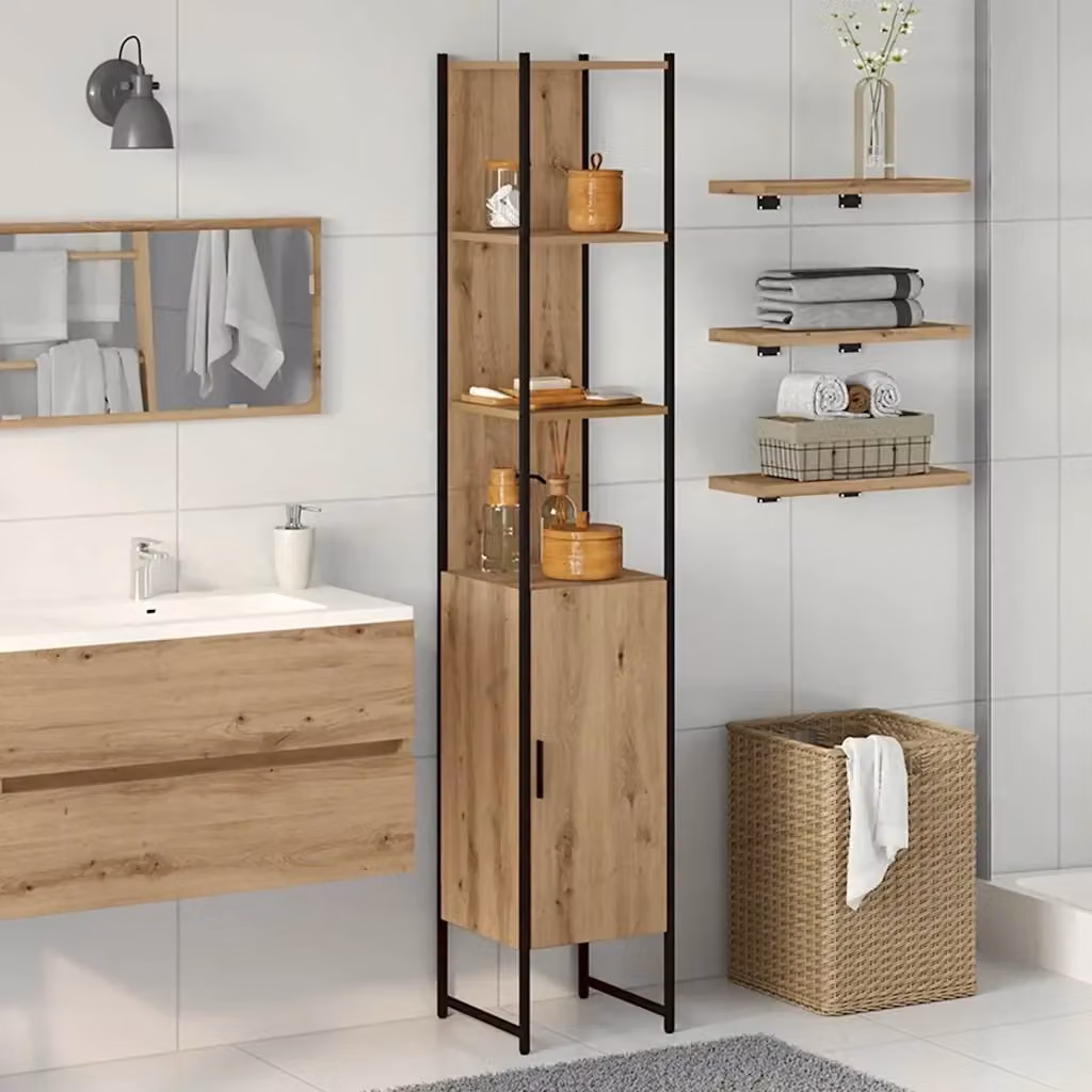 Armadio da bagno sospeso in rovere marrone con ante a battente e ripiani interni, L: 33 cm, P: 33 cm, H: 185,5 cm – 2
