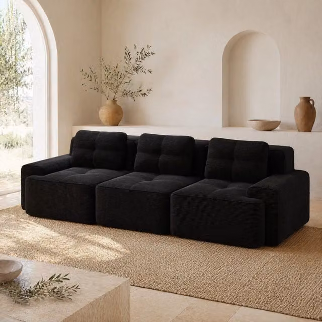 Divano modulare con seduta profonda 293x104x69 cm in velluto a coste nero