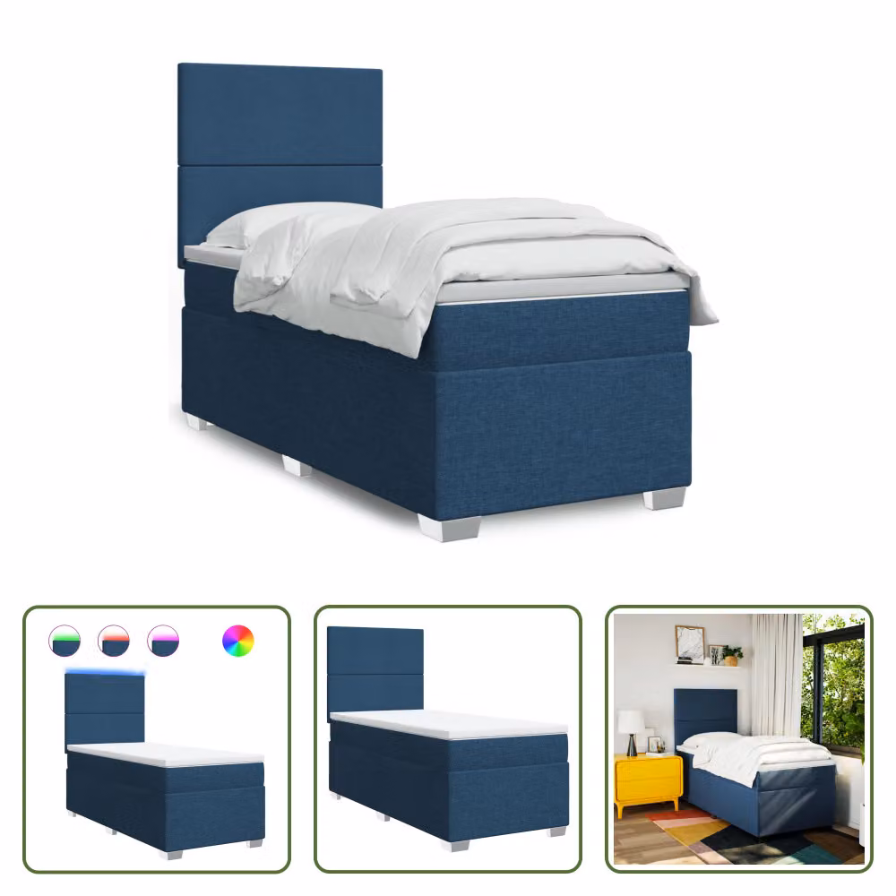 The Living Store Letto a molle con materasso blu 100x200 cm in tessuto