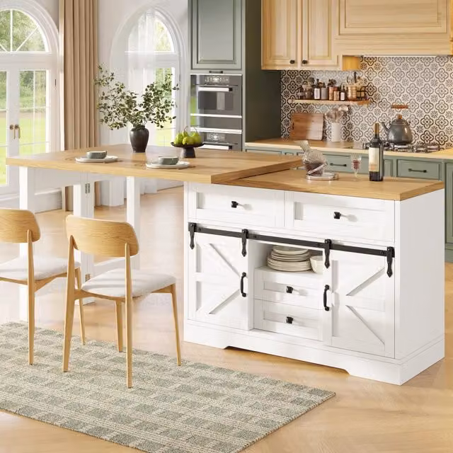 Tavolo isola cucina estensibile REDOM bianco in MDF e metallo con piano rotante