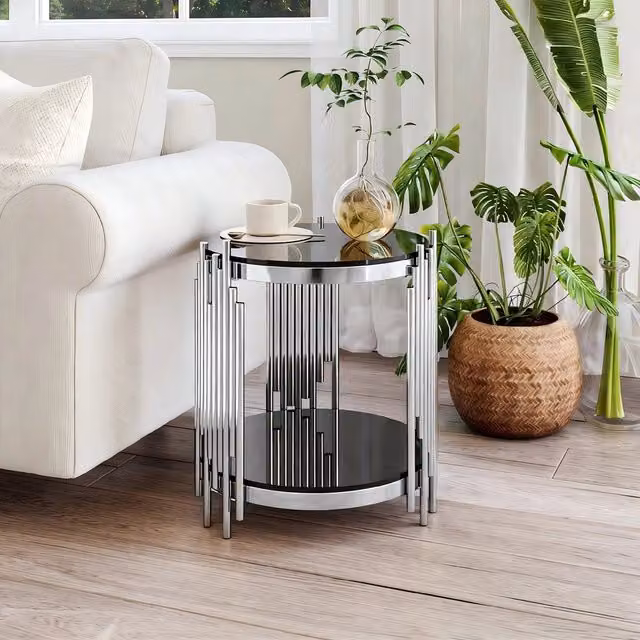 Tavolino da salotto rotondo Minimal con vetro temperato nero e struttura in acciaio argento, Diametro: 45 cm, Altezza: 55 cm