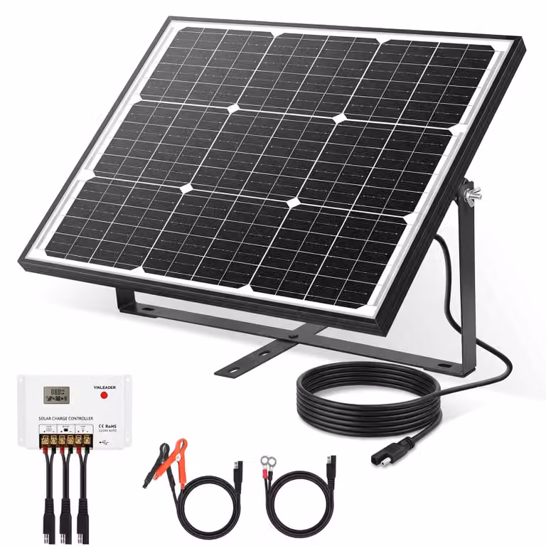 Pannello solare monocristallino - Potenza: 50 W - Tensione di uscita: 12 V - Kit completo con regolatore di carica PWM