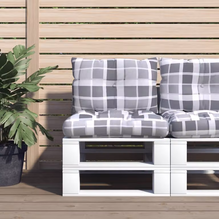 Set di 2 cuscini per pallet vidaXL in poliestere grigi e multicolore, idrorepellenti e resistenti ai raggi UV, forma rettangolare L: 61,5 cm x P: 61,5 cm x H: 10 cm