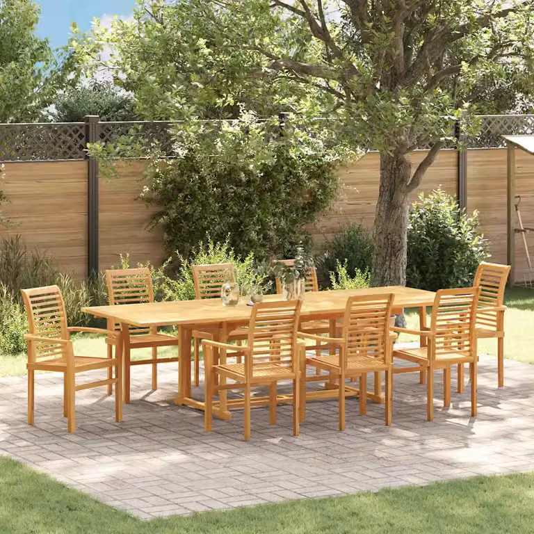 Set da pranzo per giardino e terrazzo vidaXL in legno di teak massiccio marrone, 9 pezzi, L: 280 cm, P: 100 cm, H: 75 cm