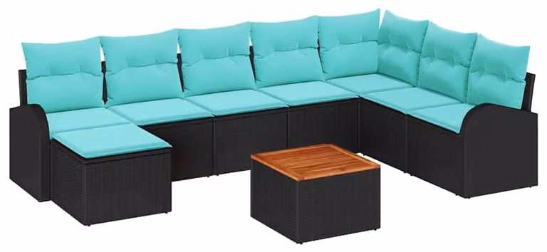 Set da giardino composto da 9 pezzi, in rattan sintetico nero e turchese