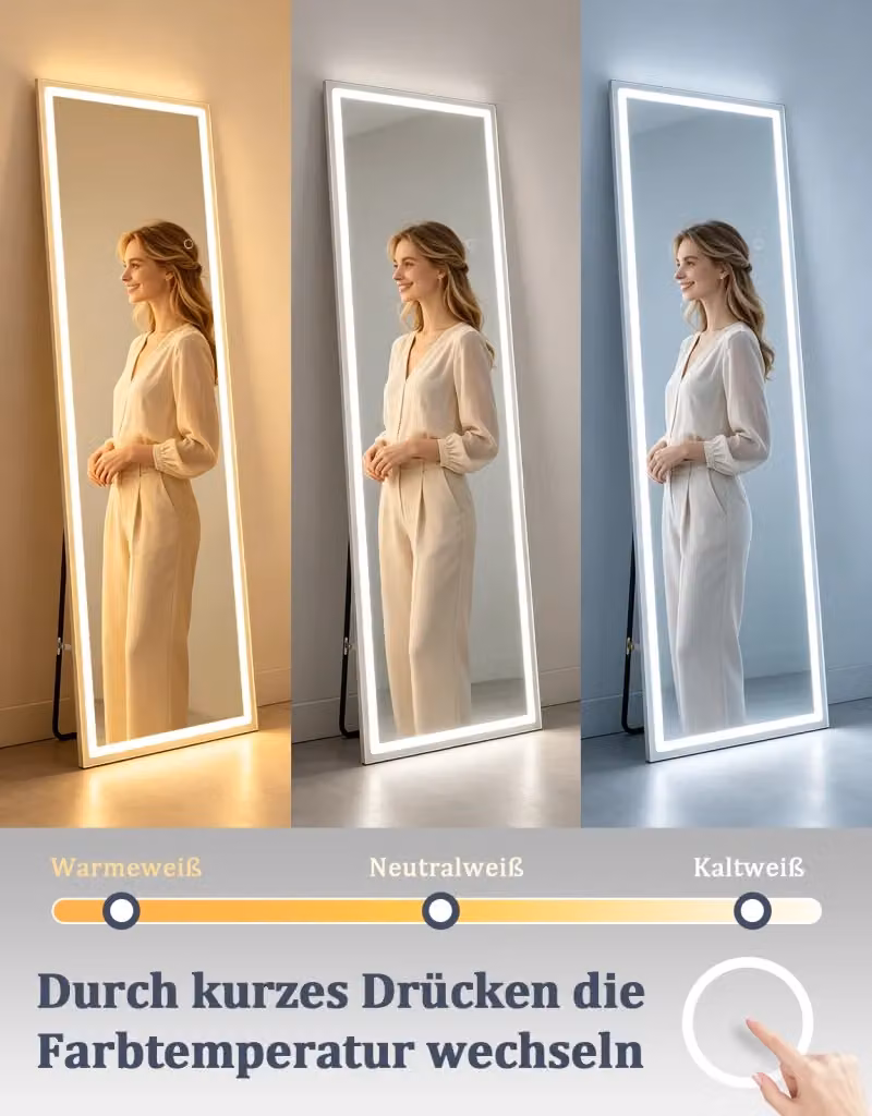 ZMH Specchio a figura intera illuminato con LED regolabile e touch switch, bianco o sabbia, da terra o parete, H: 150 cm, L: 40 cm – 2
