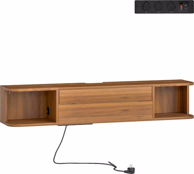 Mobile Porta TV Sospeso HOMCOM per TV fino a 50 pollici con Prese di Corrente, USB e Tipo C, Cassetto e Ripiani, Colore Noce, L 120 x P 24 x H 22,4 cm – 1
