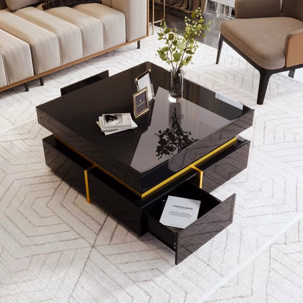 Tavolino basso OKWISH moderno con 2 cassetti, finitura lucida nera e dettagli dorati per soggiorno, L/P/H: 70 x 70 x 35,5 cm – 2