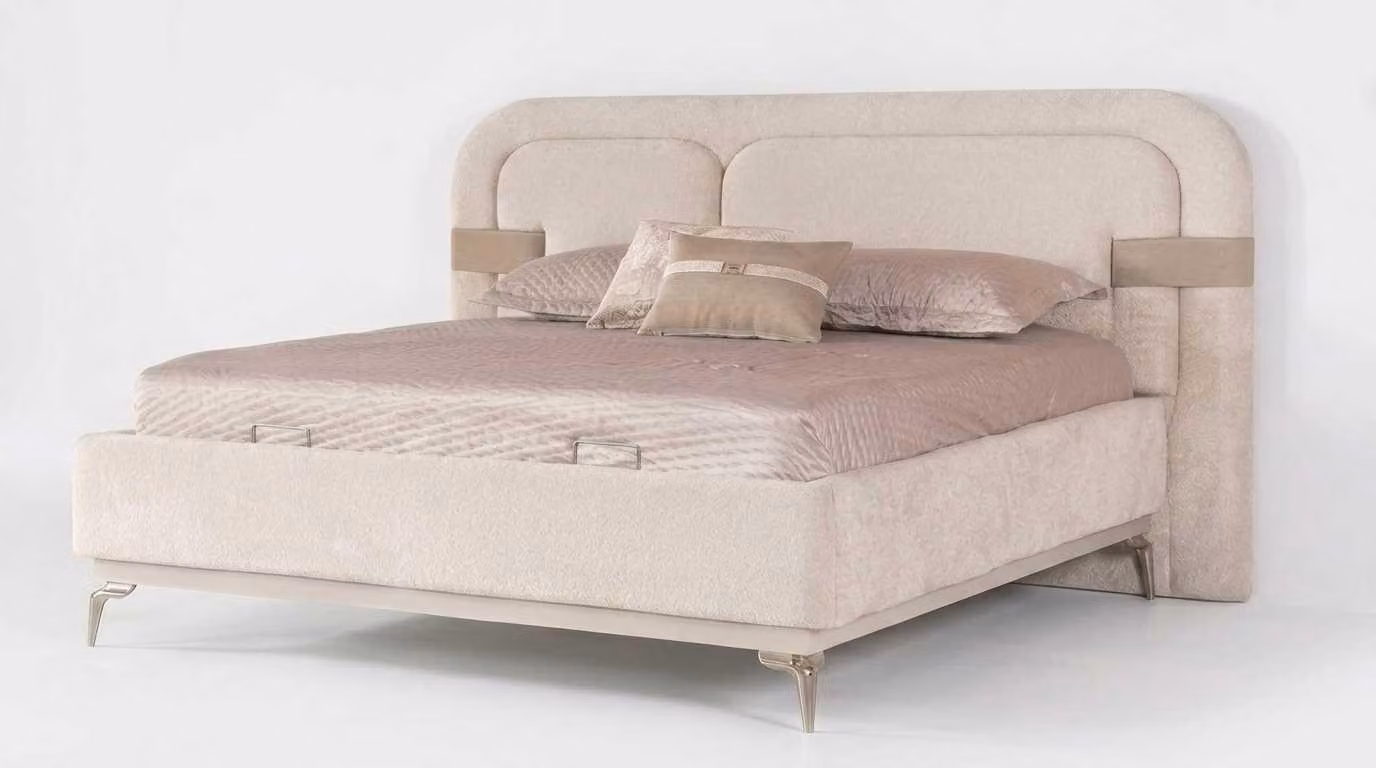 Letto imbottito beige moderno matrimoniale. Struttura del letto matrimoniale
