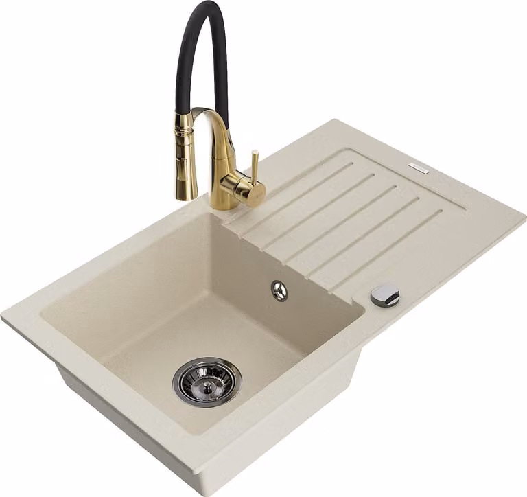 Mexen Pablo lavello in granito a 1 vasca con sgocciolatoio e rubinetto da cucina Aster, beige - 6510-69-73450-57-B