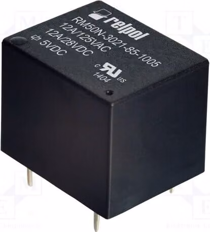 1 relè: elettromagnetico. Bobina: 5 VDC, 12 A / 125 VAC. Modello: RM50N-3021-85-1005. Elettrico