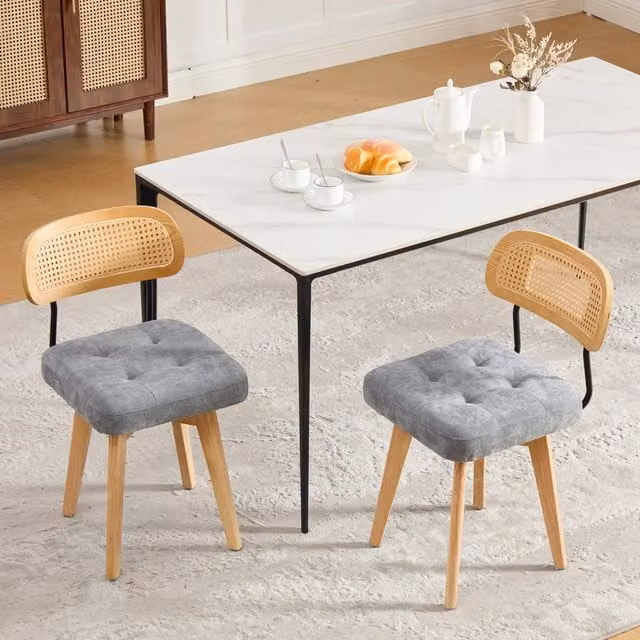 Desviae Set di 2 sedie da pranzo girevoli a 360° con schienale in rattan intrecciato e seduta in ciniglia grigia