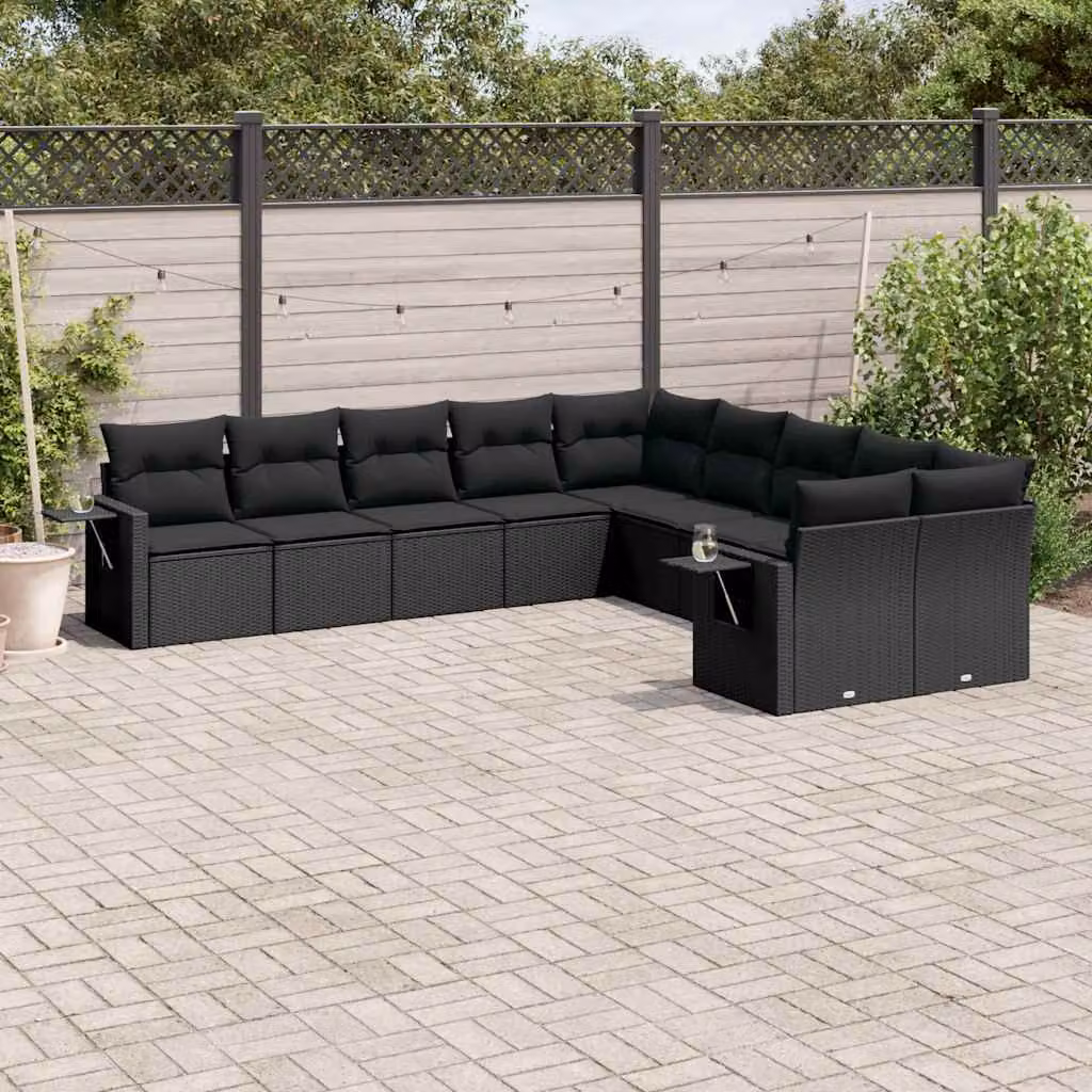 Set di divani da giardino vidaXL a forma di L in polyrattan nero con cuscini e tavolino da esterno – 1