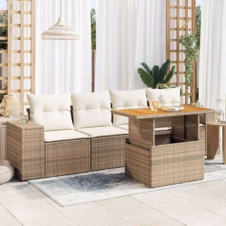 Set Divano da Giardino vidaXL 5 Pezzi in Polyrattan Beige con Cuscini e Tavolino da Esterno