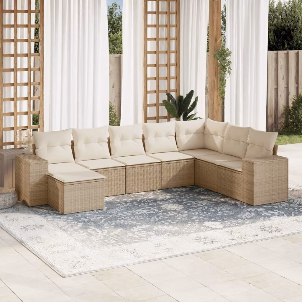 Set Divano da Giardino a L vidaXL 8 pz con Cuscini Beige e Ottoman in Polyrattan e Metallo – 1