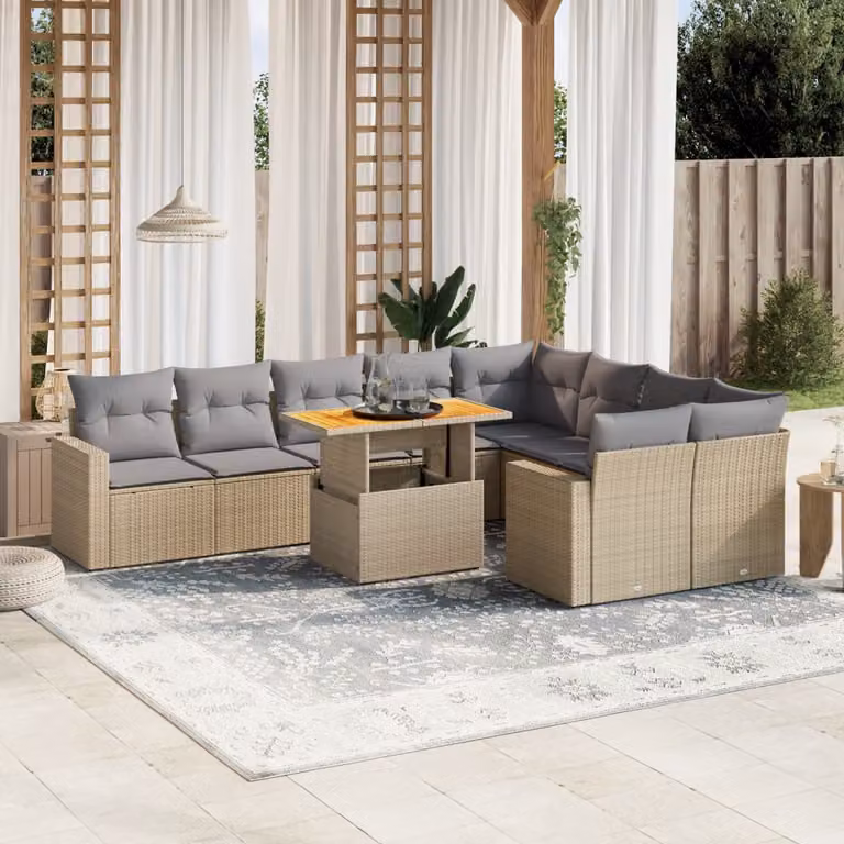 vidaXL Set Divano da Giardino 10 pz a Forma a L in Polyrattan con Cuscini Beige e Grigio
