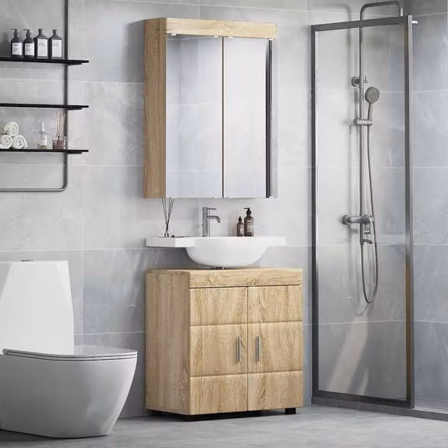 Set di mobili per il bagno moderno vidaXL composto da mobile lavabo e armadietto con specchio con illuminazione LED, colore marrone e argento