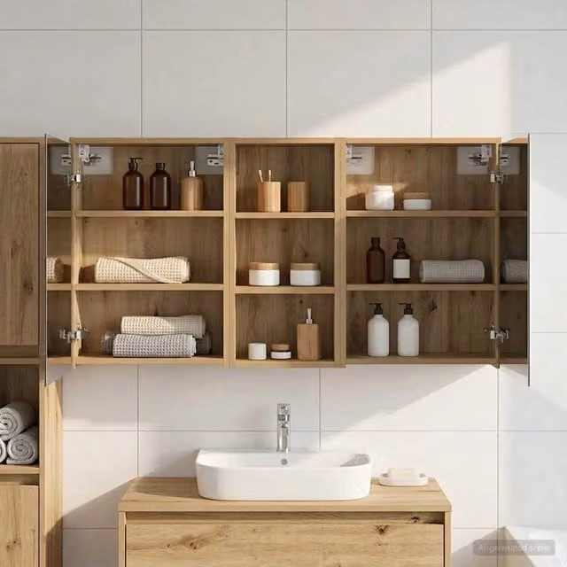 Set di 3 armadi da bagno vidaXL in legno marrone opaco con specchio e illuminazione LED, L/P/H: 116 x 16 x 62,5 cm – 1