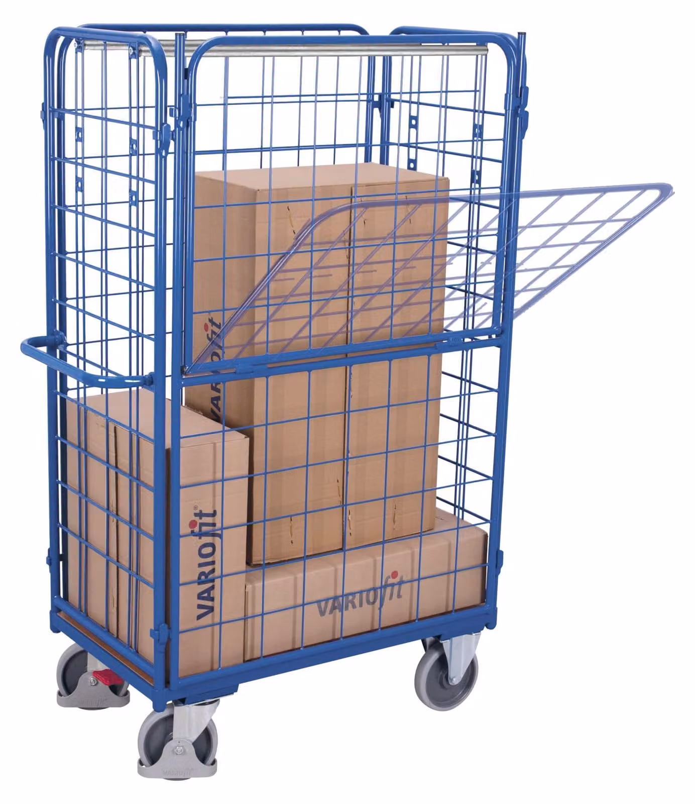 Pannello laterale VARIOfit, ad altezza completa e parzialmente ribaltabile, per carrelli portapacchi/carrelli a più livelli, dimensioni 1000x600 mm, colore RAL 5010 (blu fiordaliso)