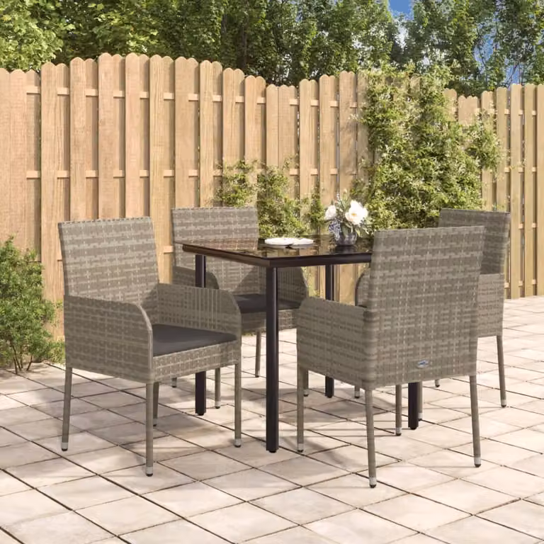Set da pranzo da giardino vidaXL in polyrattan con tavolo in vetro e 5 pezzi, nero e grigio