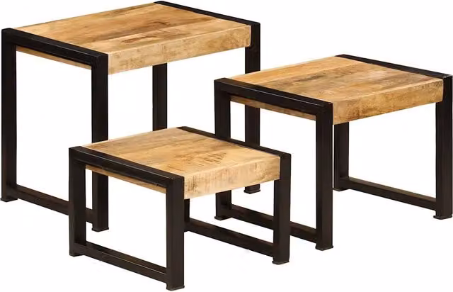 Set di 3 tavolini impilabili in legno di mango con finitura live edge e dettagli oro per il tuo soggiorno