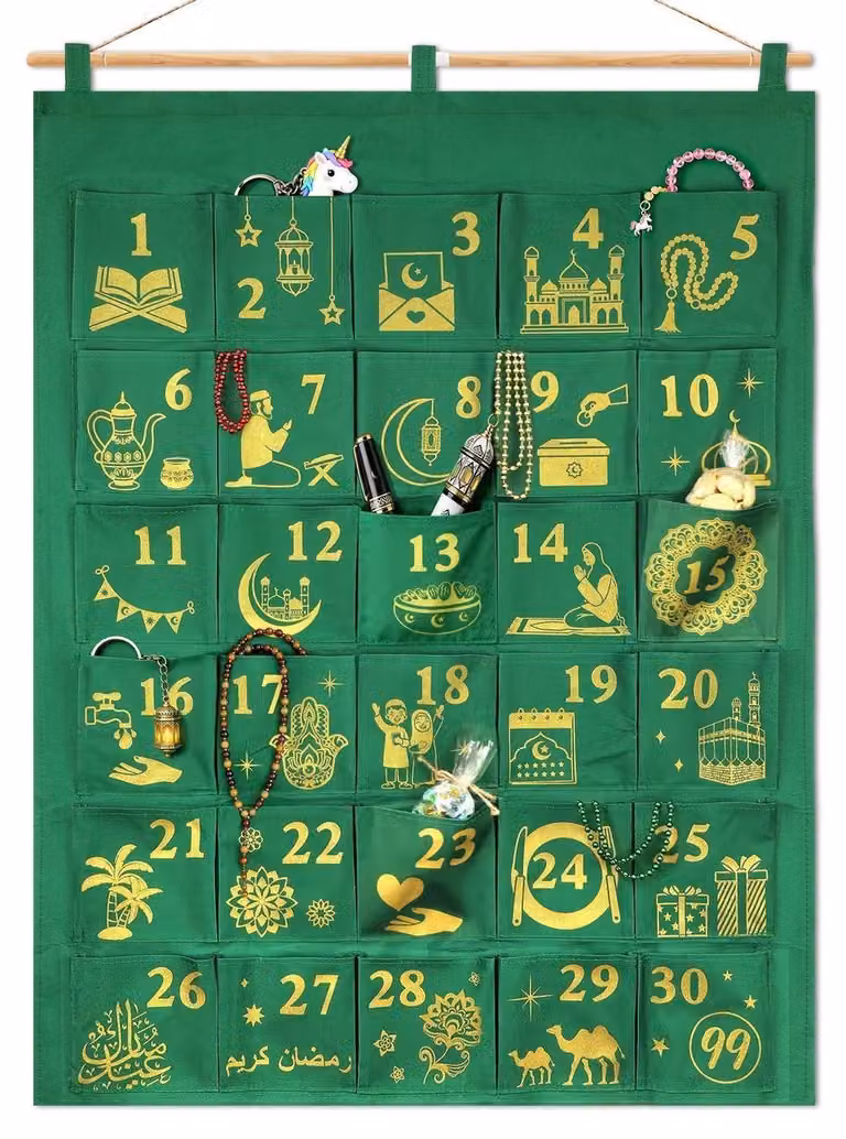 Calendario Ramadan in tessuto, verde e dorato, con glitter, con 30 scomparti, dimensioni 93x72 cm
