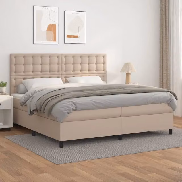 Letto con Giroletto a Molle e Materasso Ibrido vidaXL in Similpelle Beige, L/P/H: 200 x 200 x 128 cm