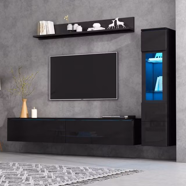 Parete Attrezzata Soggiorno Nera Mobile TV LED Nero Lucido 3 Pezzi Fino a 80 Pollici