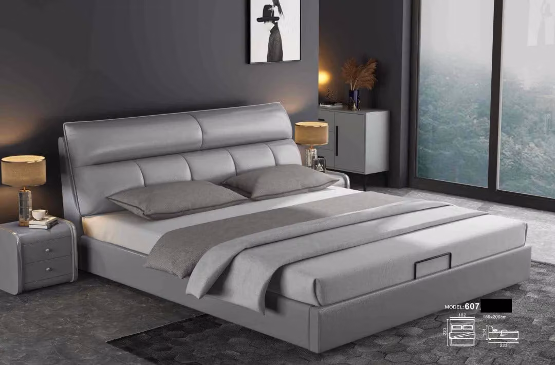 Graues Designer Bett Schlafzimmer Betten Textil Leder Hotel Luxus Polster Design