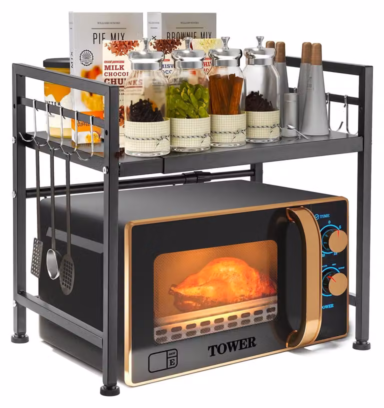 Omgoods - Portaoggetti magnetico espandibile, 2 ripiani - Portaoggetti da cucina - Organizzatore per la cucina - Altezza regolabile - Robusto - Include 10 ganci in acciaio inossidabile