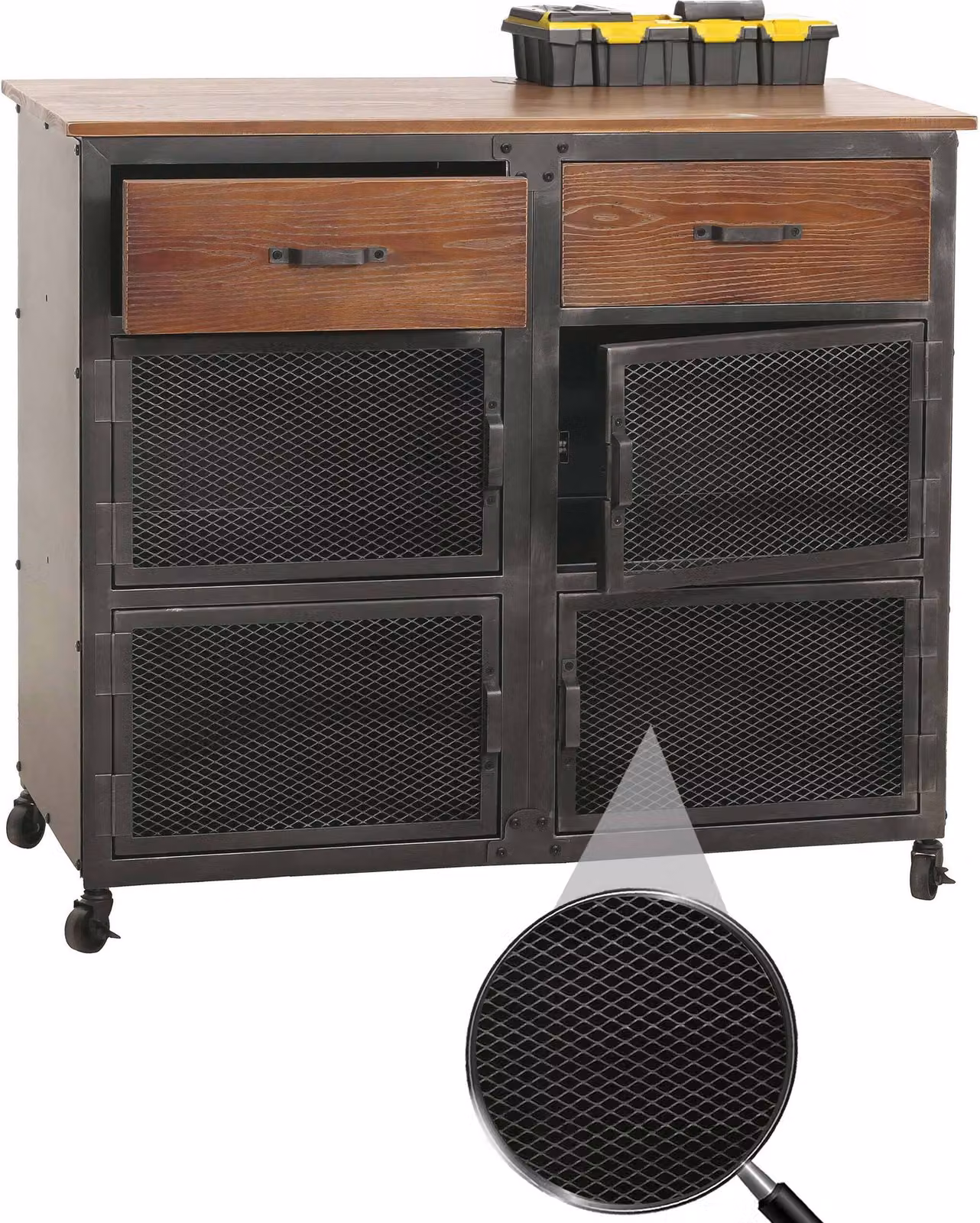 Carrello da officina HWC-N28, carrello, rotelle 2 cassetti, struttura 3D metallo legno 90x100x40cm ~ nero, marrone