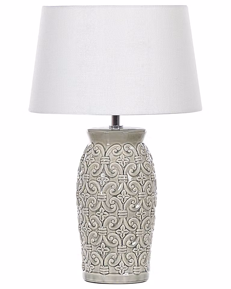 BELIANI Lampada da tavolo in Vetroceramica grigia base 48 cm con paralume in tessuto bianco fantasia soggiorno camera da letto