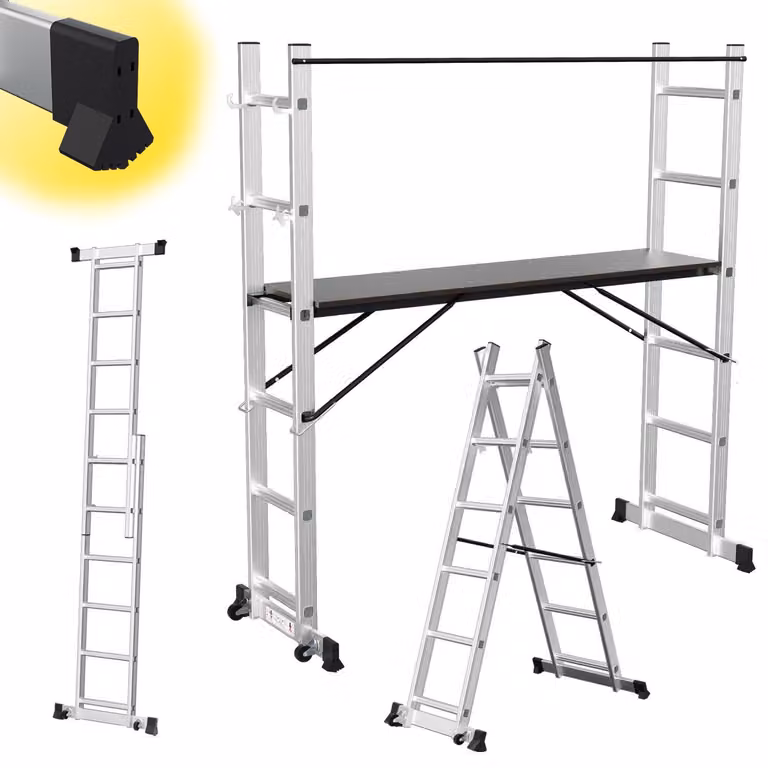 Ikodm, impalcatura multifunzione 4-in-1, scala in alluminio, 2x6 gradini con piattaforma, portata massima 150 kg, altezza 276 cm, colore argento