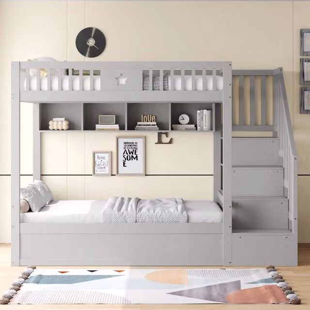 Letto a castello 140x200 cm in legno con contenitore idraulico; scala e scaffali; grigio