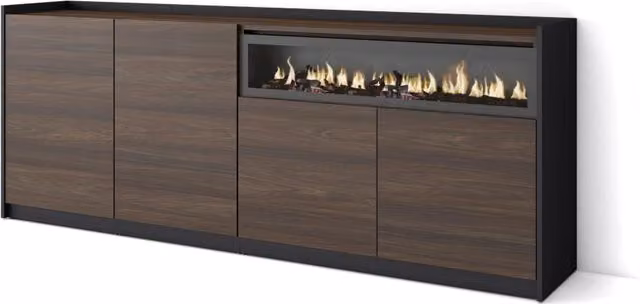 Credenza, Mobile, Cucina, 207x80x37 cm, 4 Porte, Camino elettrico, Rovere scuro e Nero