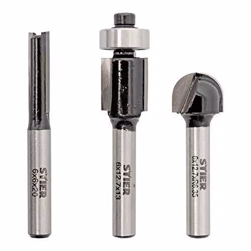 Set di frese STIER 3 pezzi, gambo 6 mm, fresa per scanalature, fresa a filo, fresa per bordi tondi, per legno, fresa per legno, lavorazione del legno, fresa per legno, in metallo duro
