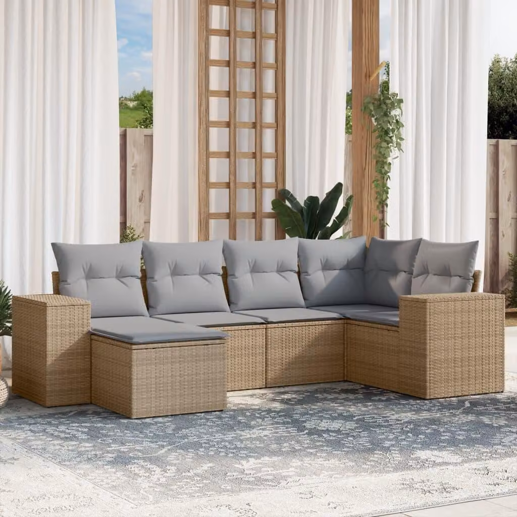 vidaXL Set di divani da giardino 6 pezzi con cuscini Beige poly rattan