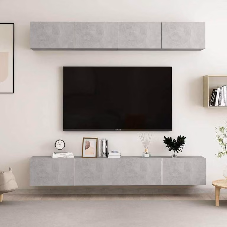 Set di 4 mobili TV moderni vidaXL in legno multistrato e MDF, colore grigio cemento, da appendere al muro, L 100 x P 30 x H 30 cm