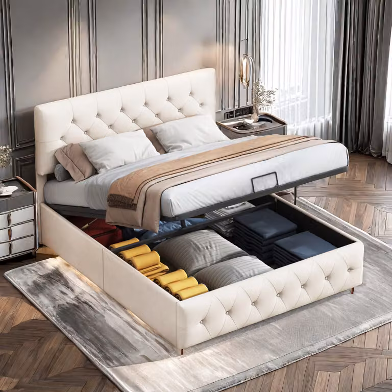 Letto imbottito Fortuna Lai 140x200cm con rete a doghe, giroletto e testata, rete a molle in tessuto vellutato per matrimonio adulti, beige