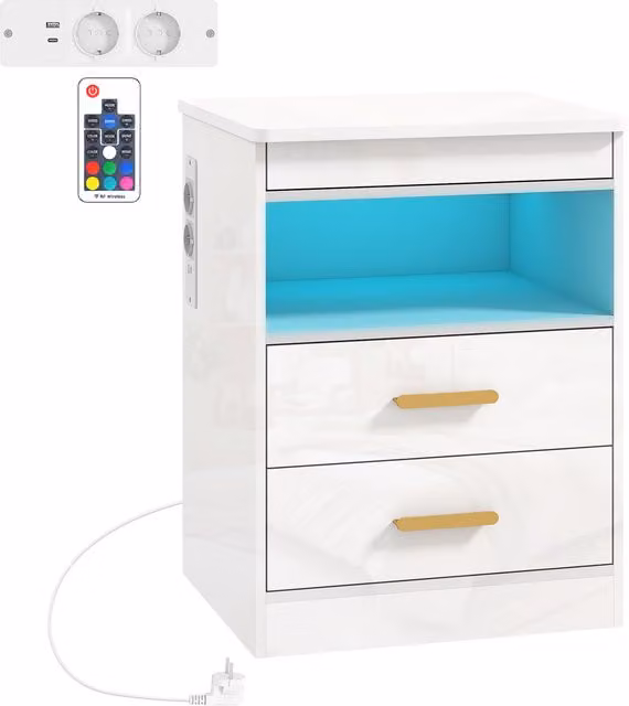Comodino Moderno HOMCOM con Stazione di Ricarica e Illuminazione LED RGB, Bianco Lucido