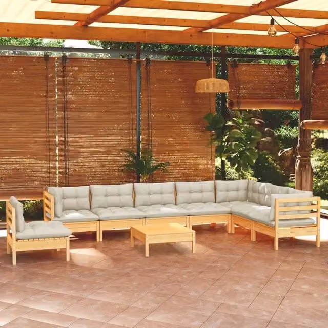 Set Divani da Giardino 9 pz con Cuscini Crema Massello di Pino 3096737