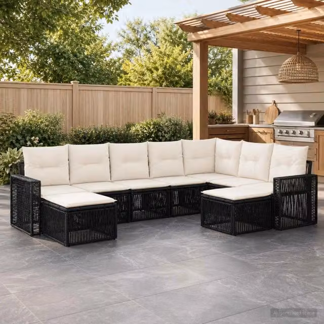 Set Divano da Giardino 9 pz Nero e Bianco Crema polyrattan 3435310