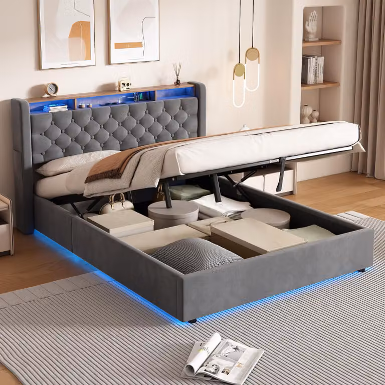 MODFU Letto imbottito 140x190 con contenitore, letto per ragazzi con testiera dotata di ripiani, illuminazione a LED e presa di corrente, materasso escluso, grigio scuro