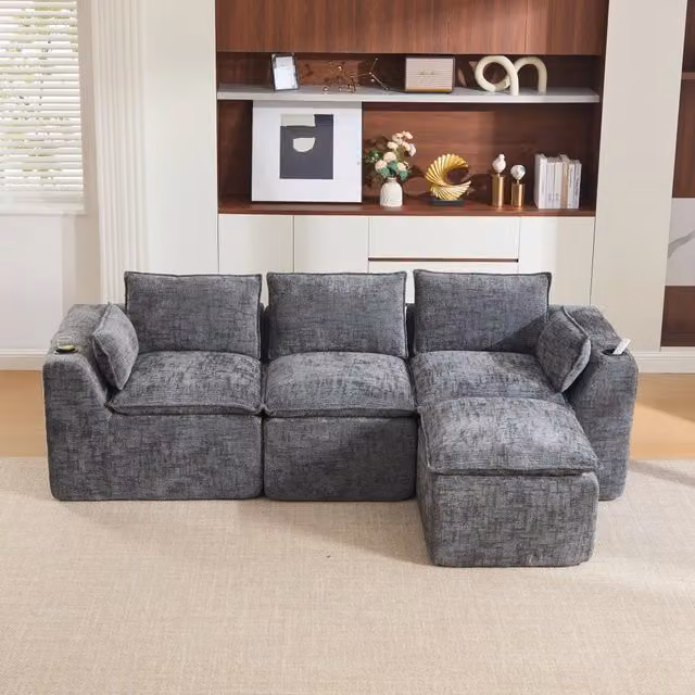 Divano 3 Posti con Poggiapiedi e Cuscini ¨C MINIMAL ¨C Grigio, Tessuto Chenille, con Portabicchieri