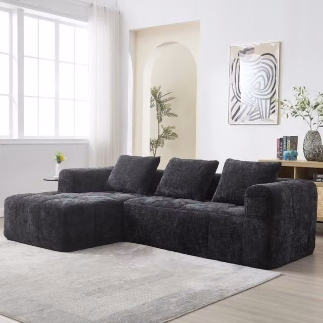 Divano angolare modulare 3 posti con chaise longue tasche laterali e 3 cuscini in ciniglia nera 250 × 158 × 60 cm