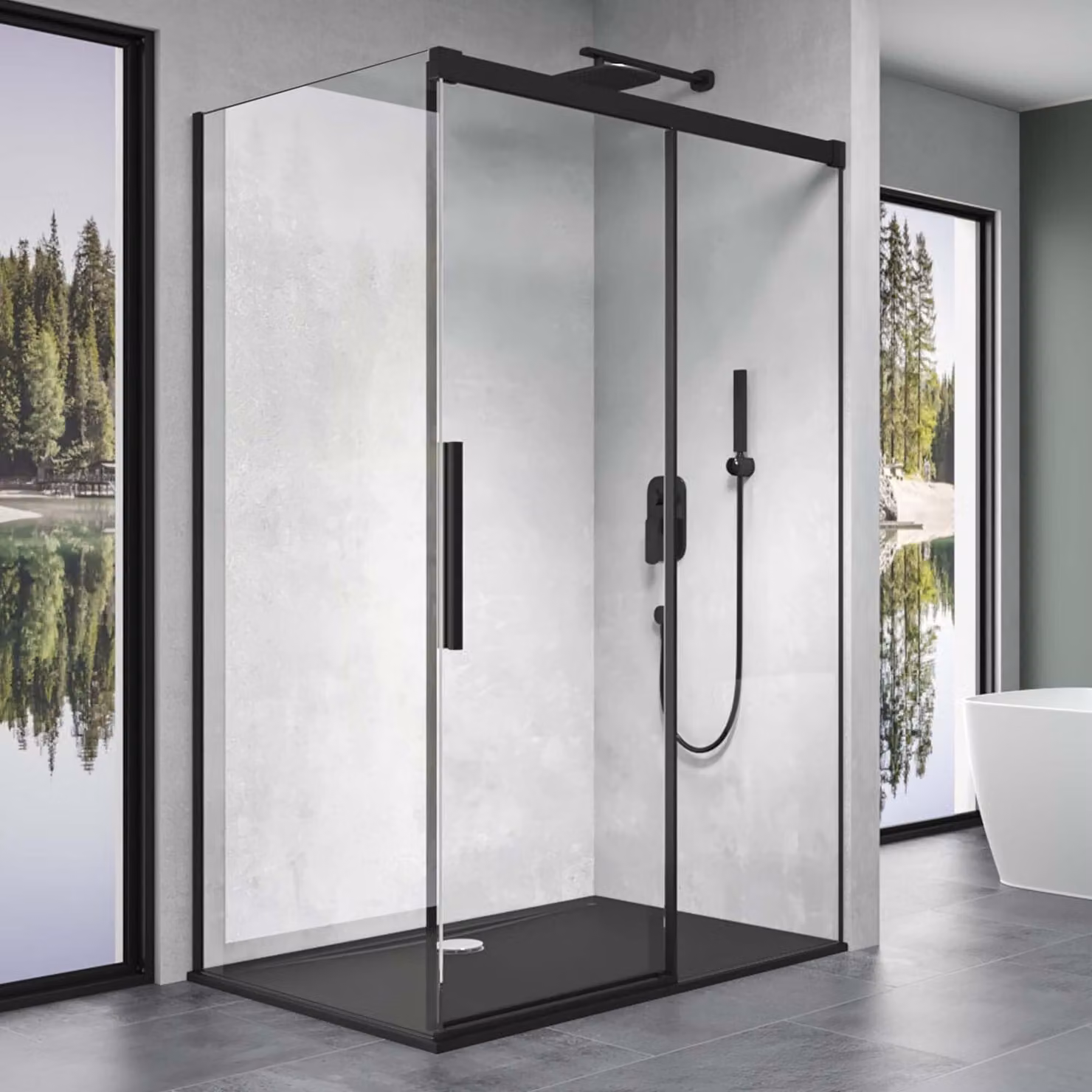 doporro Box Doccia 90x150x195cm, Cabina Doccia Angolare con Porta Scorrevole Soft-close in Profilo Nero Vetro di Sicurezza ESG Vetro Trasparente Incluso Rivestimento Ravenna12k